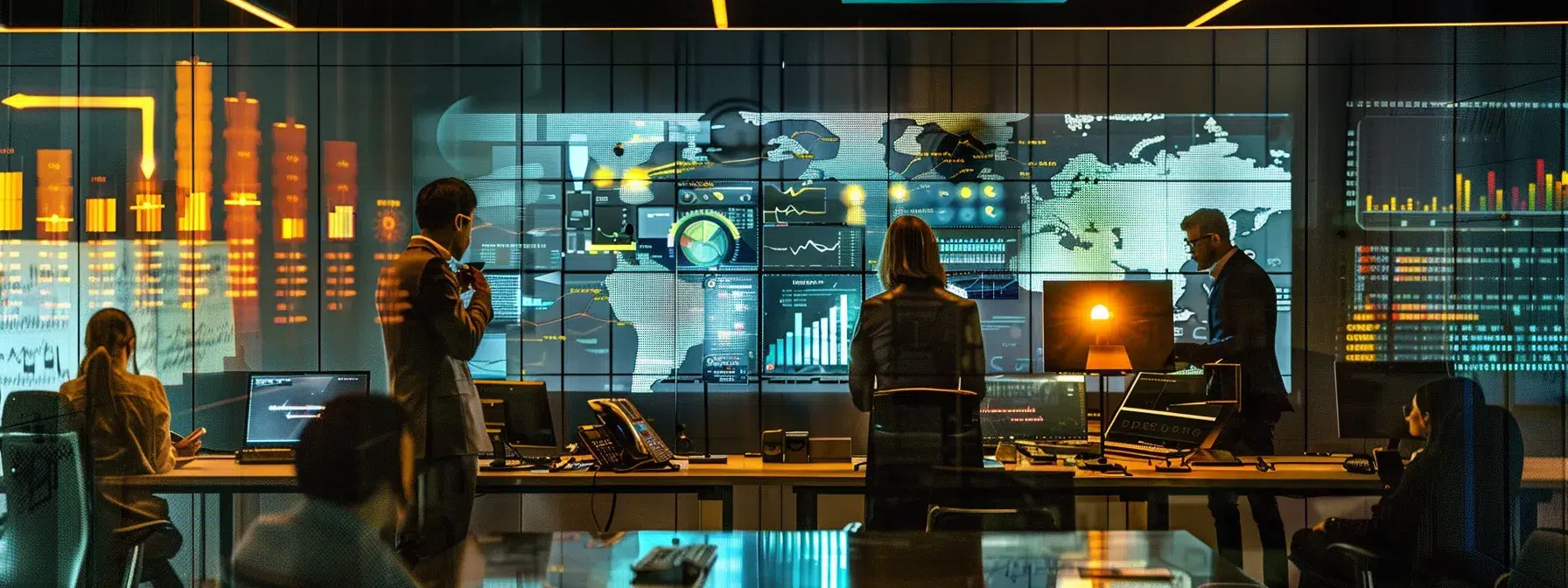 a sleek, modern office space is filled with professionals gathered around a digital screen displaying engaging analytics and ai content strategies, exuding a vibrant atmosphere of collaboration and innovation.
