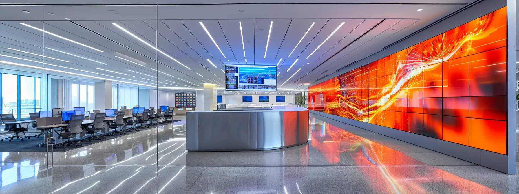 a sleek, modern office workspace showcases a large digital display featuring structured data analytics, emphasizing optimized web content and search engine strategies under bright, focused lighting.