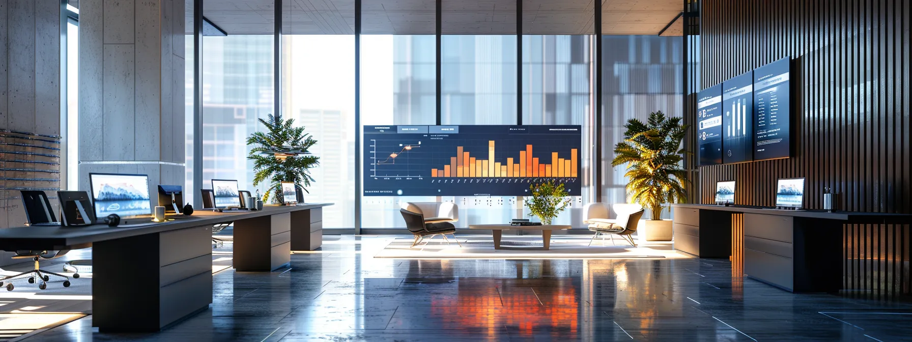 a sleek, modern office workspace features multiple screens displaying vibrant graphs and data analytics charts, emphasizing the dynamic interplay of ai search trends and performance metrics in a professional setting.