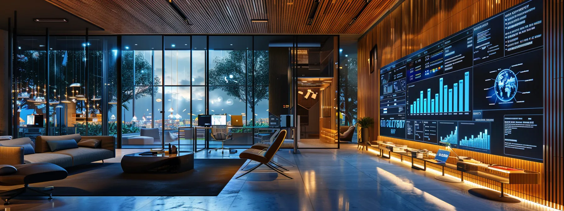 an engaging office scene showcases a sleek digital interface filled with dynamic graphs and analytics, illuminated by strategically placed artificial lighting, focusing on key elements of ai search optimization principles being discussed among attentive professionals.
