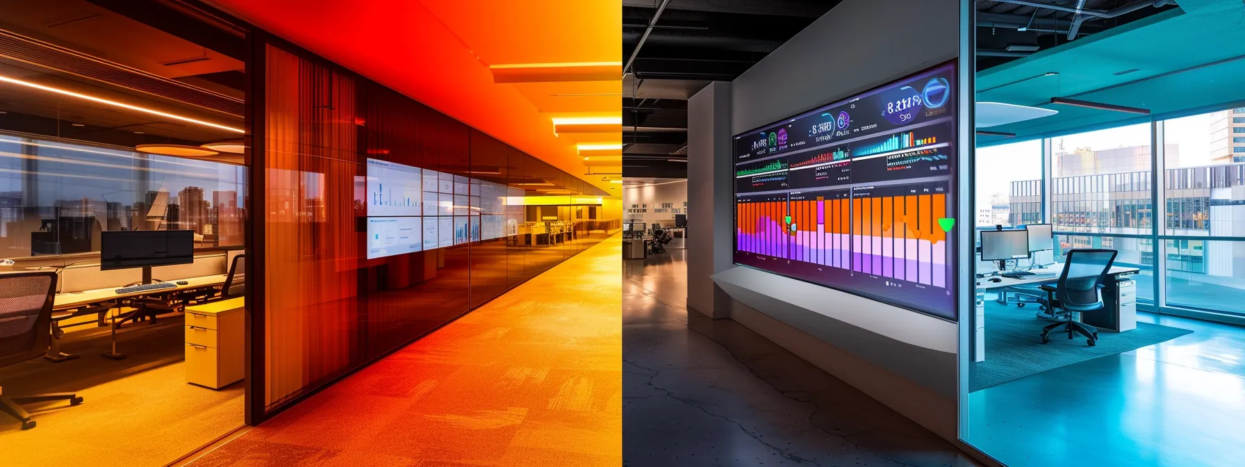 a dynamic office setting showcases a split-screen comparison of two digital dashboards, one highlighting seo performance metrics and the other displaying paid ad analytics, illuminated by sharp, focused lighting that emphasizes the contrast between long-term value and immediate results.