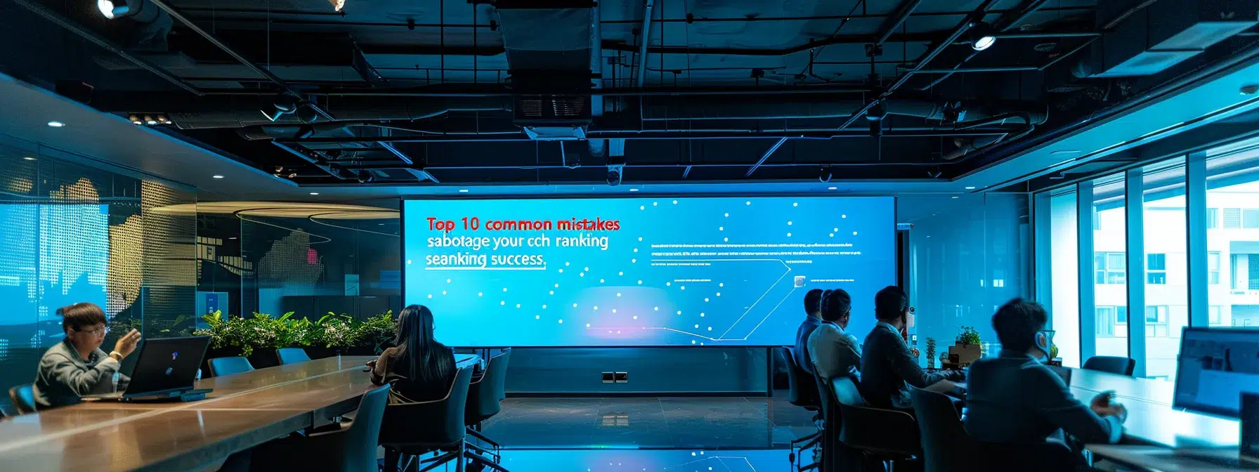 a modern office space showcases a large digital screen displaying a vivid infographic titled "top 10 common mistakes that sabotage your content's search ranking success," illuminated by focused ceiling lights, while professionals engage in a thoughtful discussion around a sleek conference table.