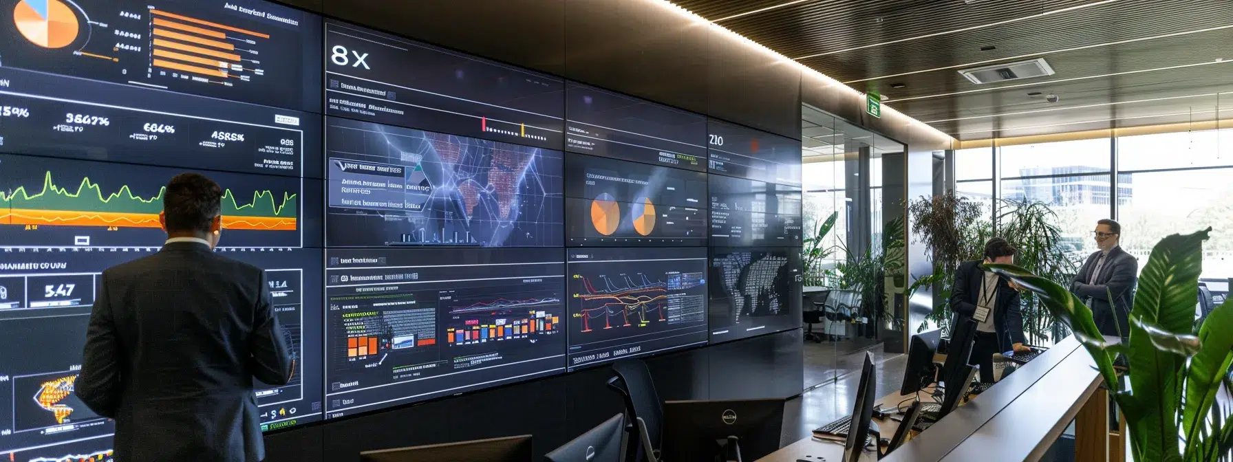a modern office space features a sleek, digital dashboard displaying ai-centric metrics and key performance indicators, with business professionals engaged in a focused discussion, emphasizing data-driven strategies for enhancing online visibility.