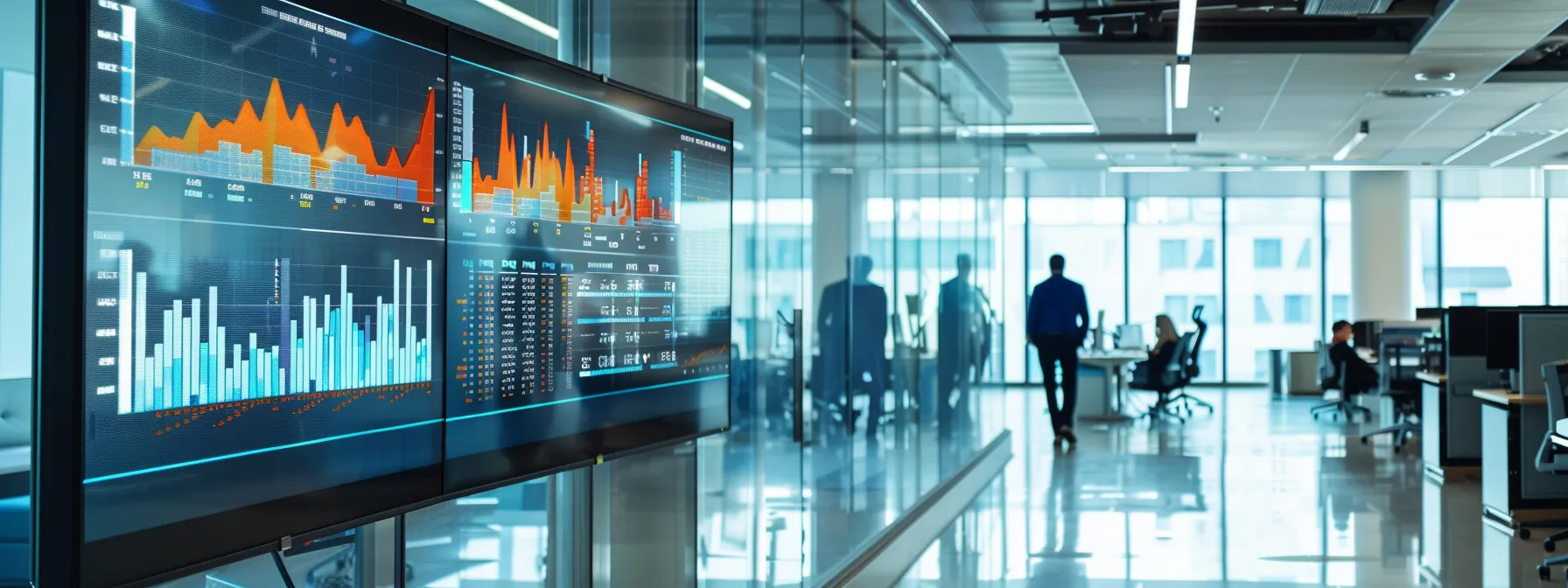 a modern office space showcases sleek digital screens displaying dynamic graphs and analytics, capturing the essence of ai-driven seo strategies transforming business growth.