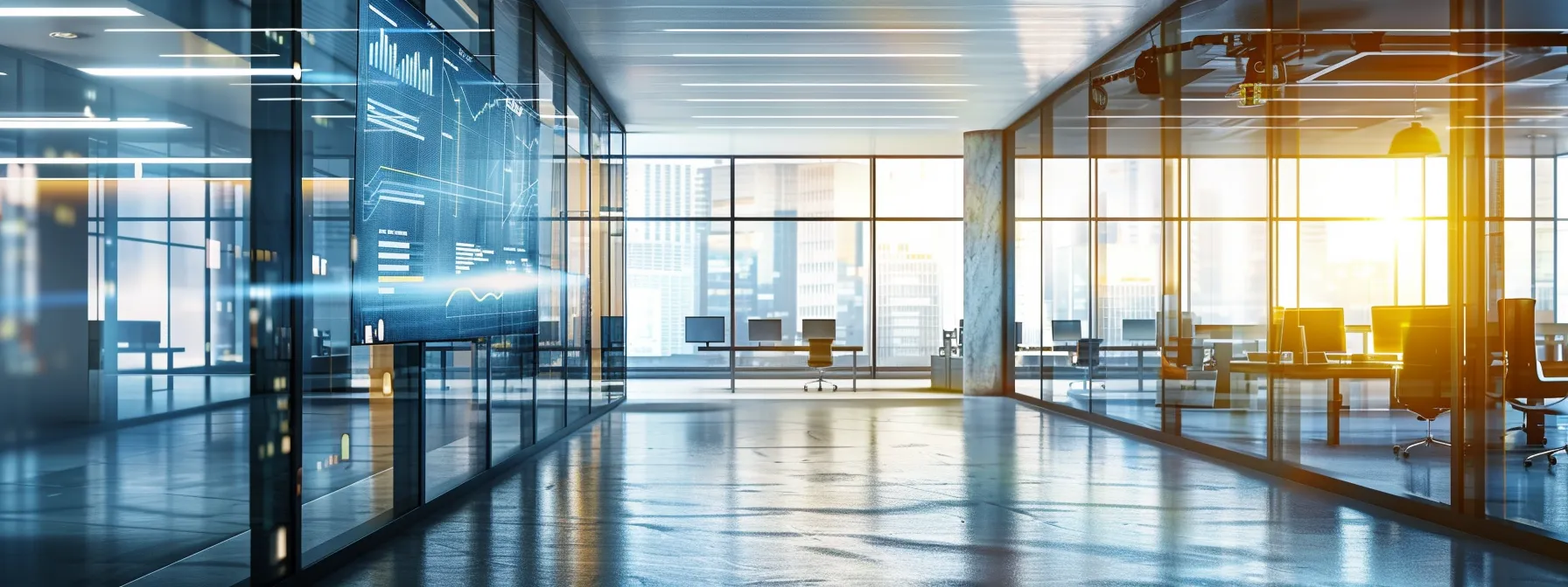 a modern office workspace filled with sleek technology, featuring a large digital screen displaying complex data analytics and ai trends, illuminated by vibrant, focused lighting that highlights the importance of innovation in seo strategies.