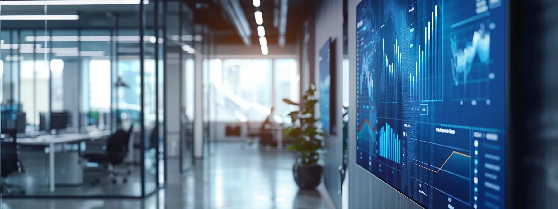 a sleek, modern office environment showcases a digital screen displaying analytics and ai tools, emphasizing the integration of technology in crafting high-quality content for enhanced search performance.