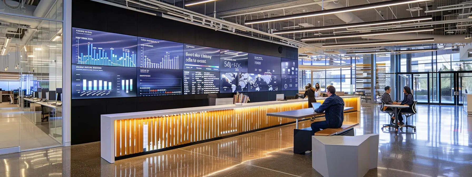 a sleek, modern office environment featuring a large digital screen displaying dynamic graphs and analytics, highlighting competitive seo metrics and ai-driven insights, with professionals engaged in discussion and strategy planning.