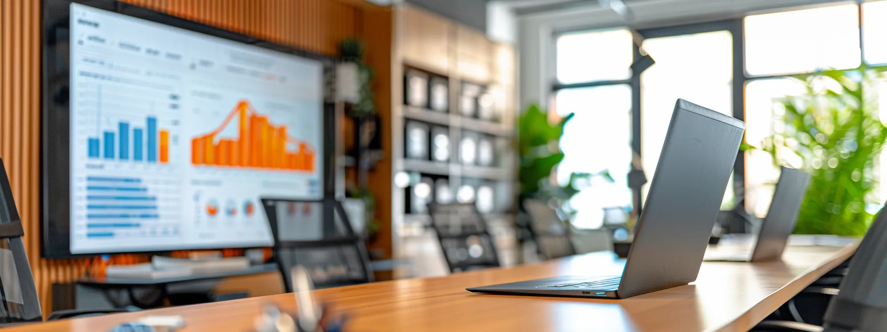 a sleek, modern office environment with a large digital screen displaying vibrant data analytics and trending keywords, illustrating the impact of ai on content creation and organic traffic optimization.