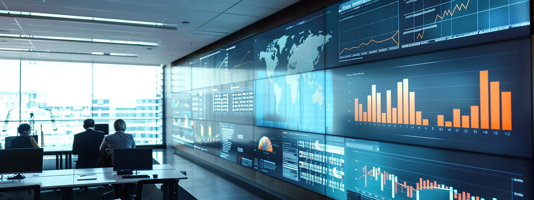 a sleek, modern office environment showcases a large digital screen displaying dynamic graphs and ai-generated insights on seo strategies, illustrating the transformative impact of technology on digital marketing.