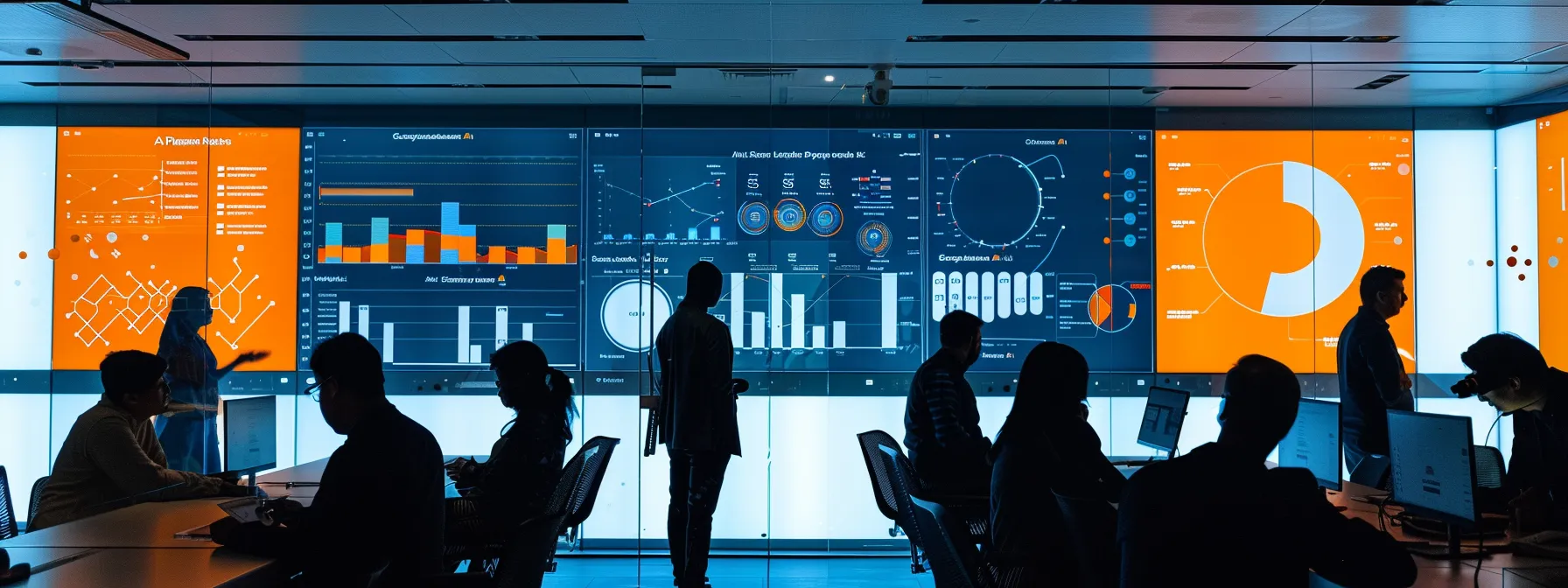 a sleek, modern office setting showcases a diverse team of professionals engaged in a dynamic brainstorming session, surrounded by digital displays of ai trend analytics and keyword optimization charts, capturing the essence of adapting strategies to enhance search visibility in a tech-driven landscape.