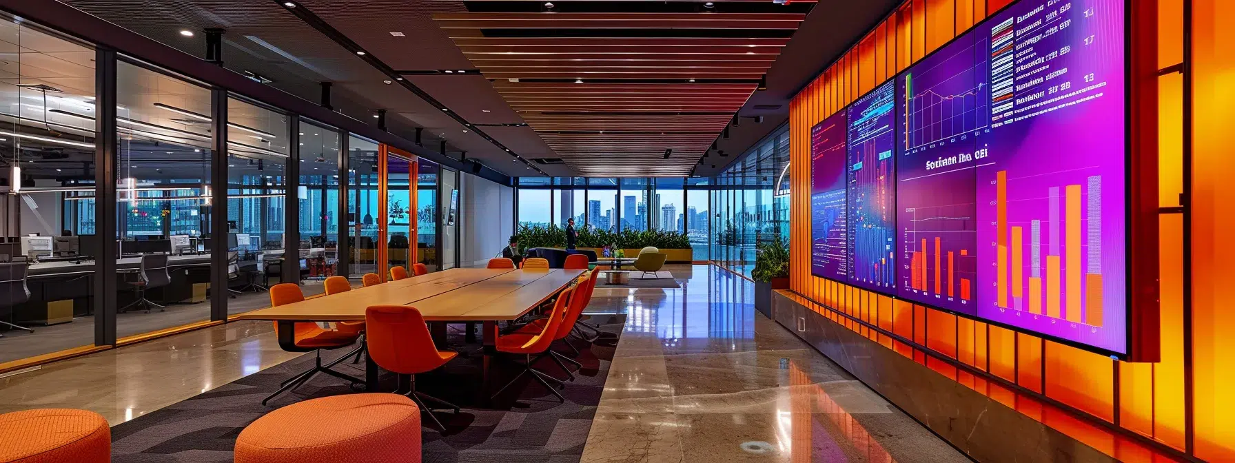 a sleek, modern office space features a large digital screen displaying vibrant graphs and analytical data, symbolizing ai-driven seo trends, with a confident professional engaged in strategy planning, illuminated by cool, focused lighting.