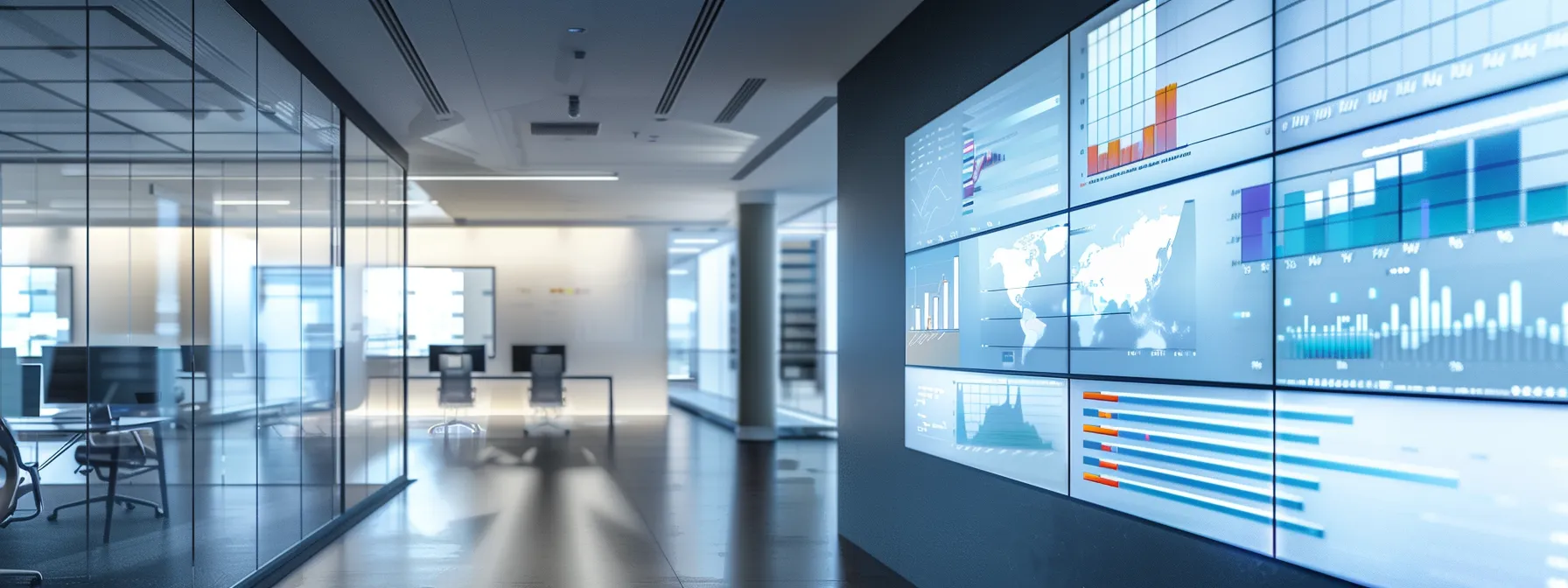 a sleek, modern office space illuminated by bright, focused lighting showcases a large digital display projecting dynamic graphs and analytics about ai-driven search engine optimization strategies, creating an engaging atmosphere for business professionals.