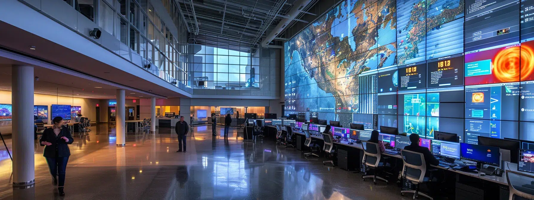 a sleek, modern office space with an expansive glass wall showcases a diverse team collaborating over large digital screens filled with vibrant analytics and eye-catching visuals, emphasizing the importance of quality content in enhancing ai search engine optimization.