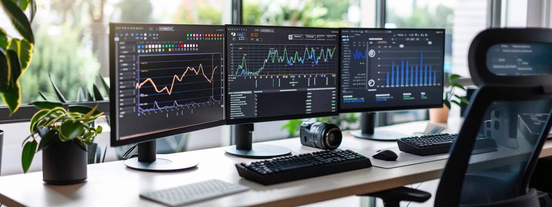 a sleek, modern office workspace displays multiple computer screens showcasing detailed analytics and visualizations of ai ranking algorithms in action, emphasizing their impact on search engine results, personalized e-commerce, and social media engagement.