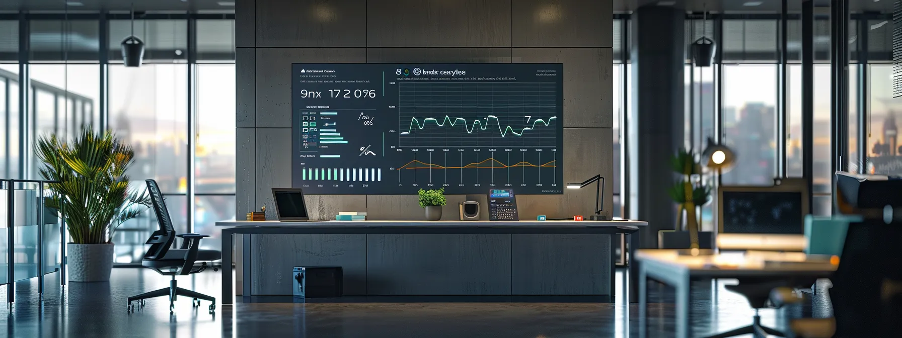 a sleek, modern office workspace features a large, illuminated screen displaying a dynamic graph of ai search strategies, with an elegantly designed desk and high-tech equipment subtly emphasizing a forward-thinking business atmosphere.