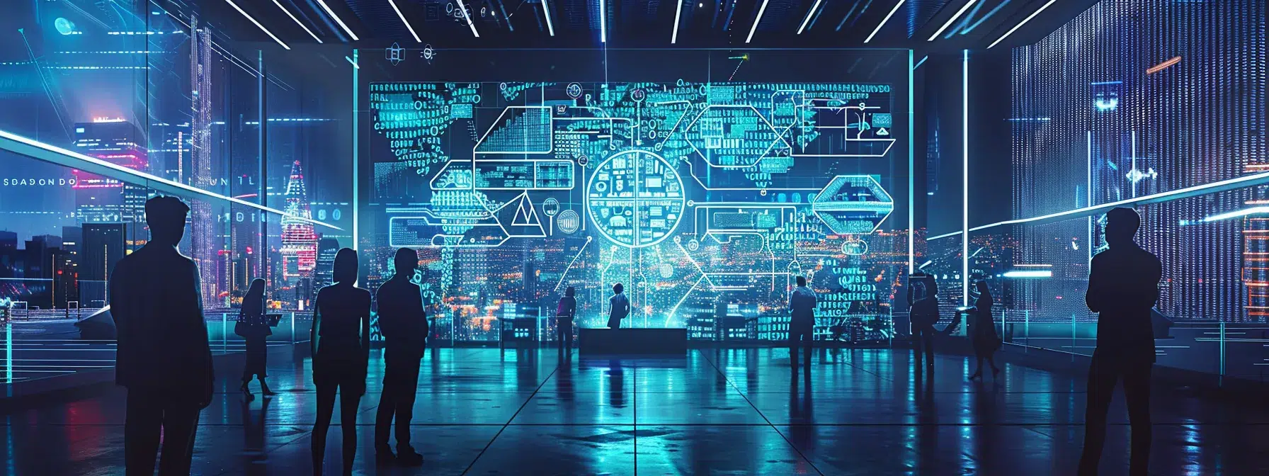 a sleek, modern office workspace features a large digital screen displaying a vibrant, dynamic infographic comparing ai ranking algorithms to traditional search methods, with a diverse group of professionals engaged in focused discussion around a high-tech conference table.