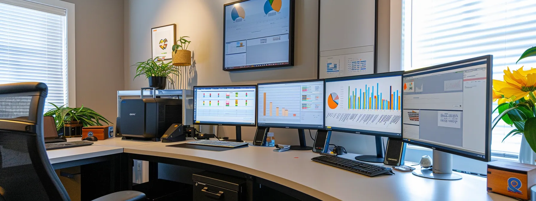 a sleek, modern office workspace features dual monitors displaying vibrant graphs and high-quality backlink analytics, illuminated by focused, ambient lighting that emphasizes a professional atmosphere centered around ai-driven content marketing strategies.