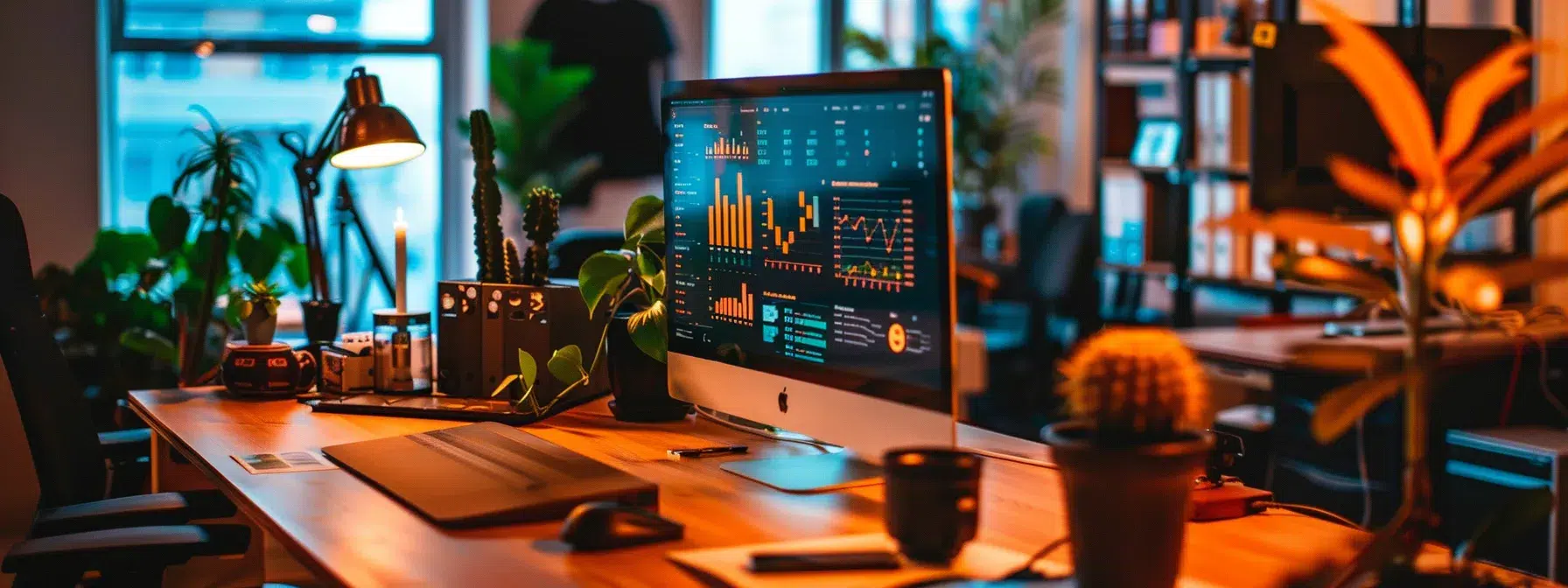 a sleek, modern office workspace featuring a high-end computer displaying vibrant analytics dashboards and seo strategies, illuminated by artificial lighting that highlights the innovative technology surrounding it.