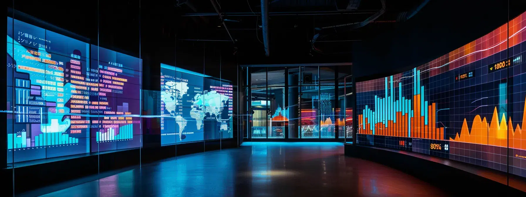 a sleek, modern office workspace features a high-tech computer screen displaying vibrant analytics and keyword trends, illuminated by dynamic digital graphics that represent ai-driven insights for content creation and optimization.