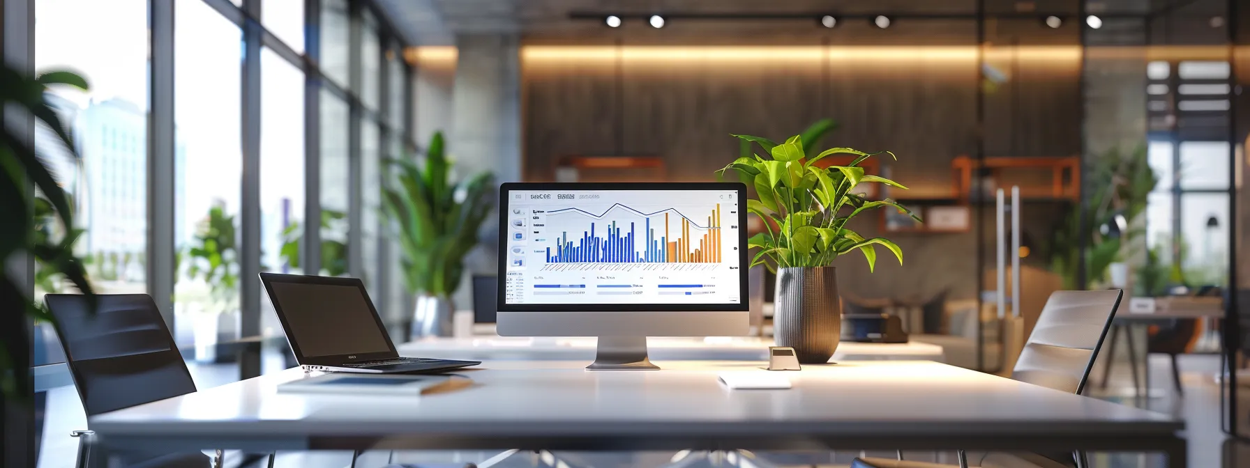 a sleek, modern office workspace features a high-tech computer screen displaying vibrant analytics and ai-driven search performance metrics, illuminated by dynamic led lights highlighting the cutting-edge technology behind optimizing digital visibility.