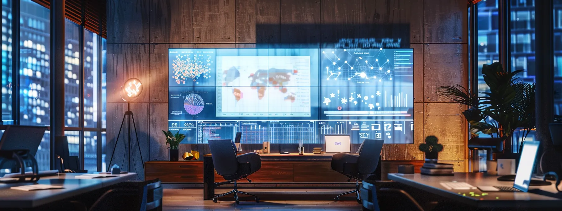 a sleek, modern office workspace is illuminated by soft, ambient lighting, showcasing a large digital display analyzing real-time seo metrics, with high-tech ai monitoring tools seamlessly integrated into the setup, emphasizing the theme of continuous seo improvement for businesses.