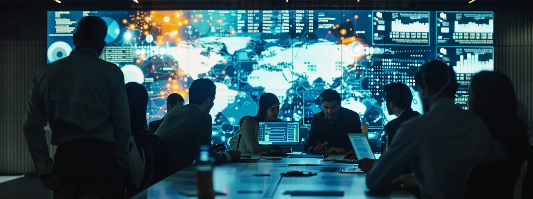 an engaging office scene featuring a diverse team of professionals gathered around a sleek conference table, intensely discussing user behavior analytics on digital devices, with vibrant charts and data visualizations projected on a large screen behind them, emphasizing the significance of understanding user intent in ai ranking algorithms.