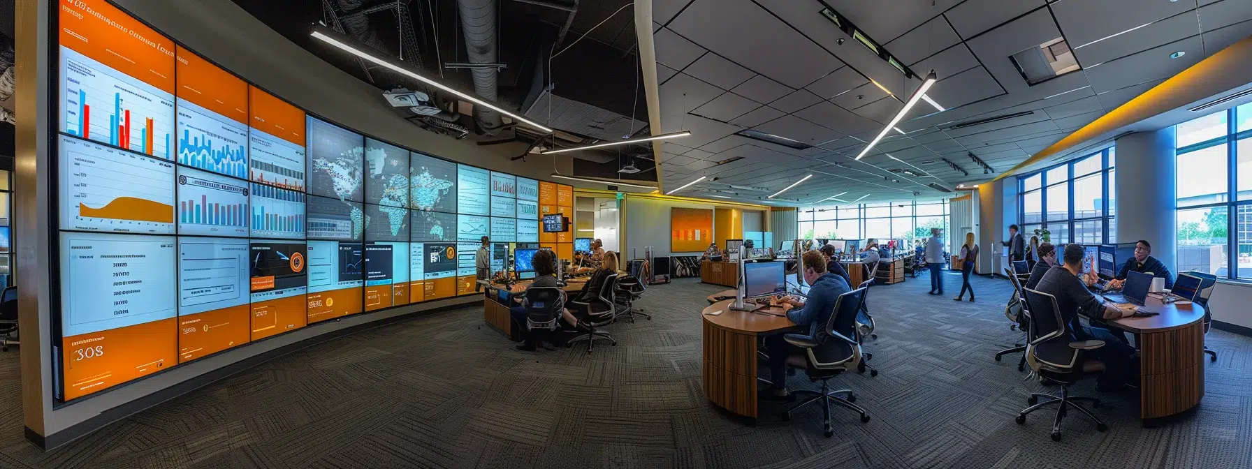 a dynamic office space filled with professionals engaged in brainstorming sessions, illuminated by bright overhead lights, as they strategize on digital screens displaying backlink graphs and seo analytics.